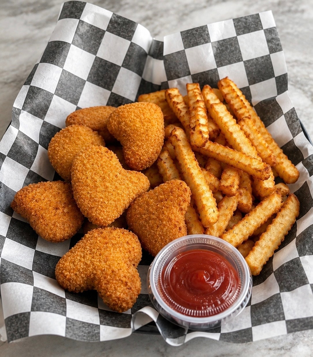 Chicken nuggets and crinkle fries in a basket